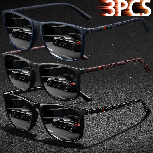 3 Pairs of  Striped Square Fashionable Men's and Women's Fashion Glasses - Luxurious Designer Anti-glare Black, Deep  and Red Color Combination - Fashionable UV Protection, Suitable for Driving, Fishing, Traveling and Beach Outfits