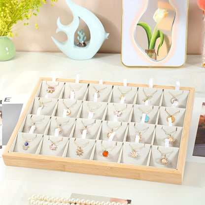 Jewelry Tray Bamboo Wood 24 Grid – Large Capacity Necklace & Pendant Display Rack, Elegant Home Storage Organizer for Earrings, Gift for Mom