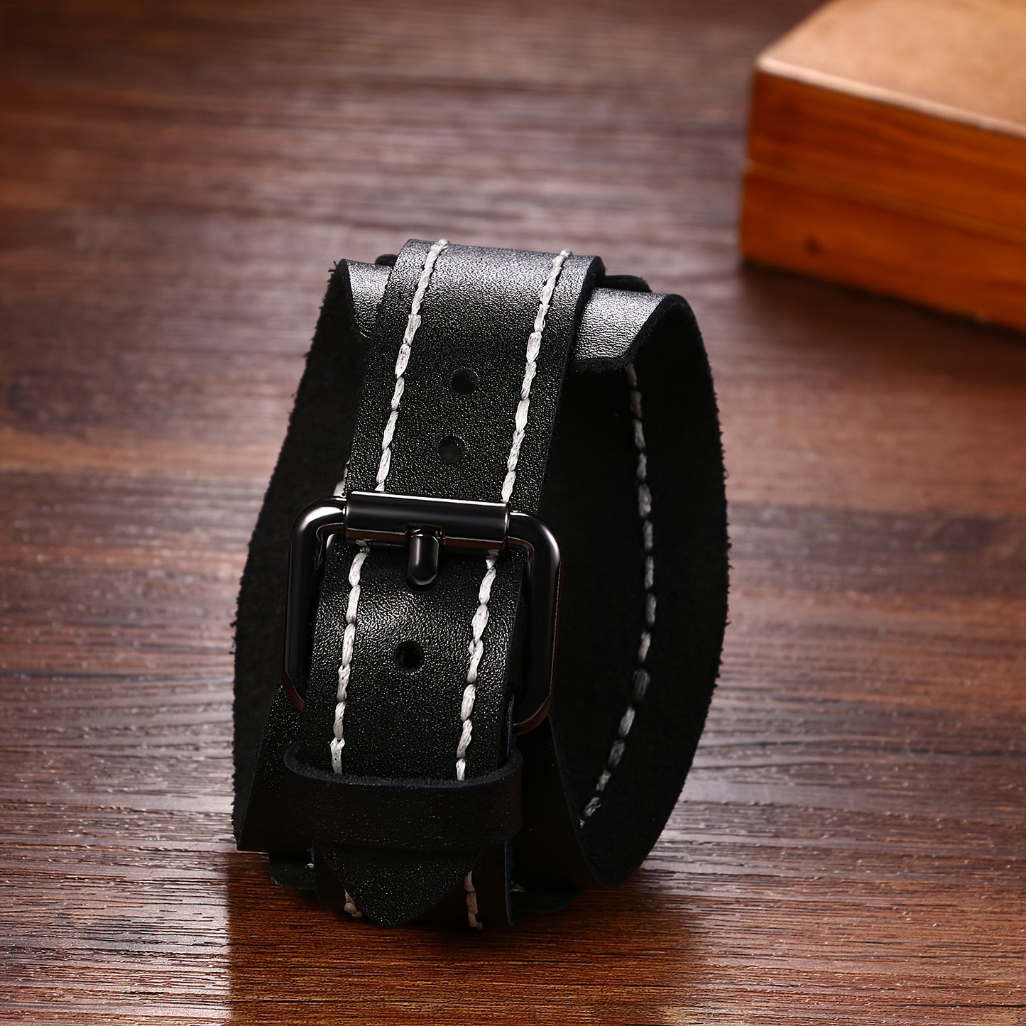 Gothic Punk Leather Cuff Wristwatch for Men – Wide Genuine Leather Band, Stainless Steel Quartz Watch, Halloween Party Costume Accessory