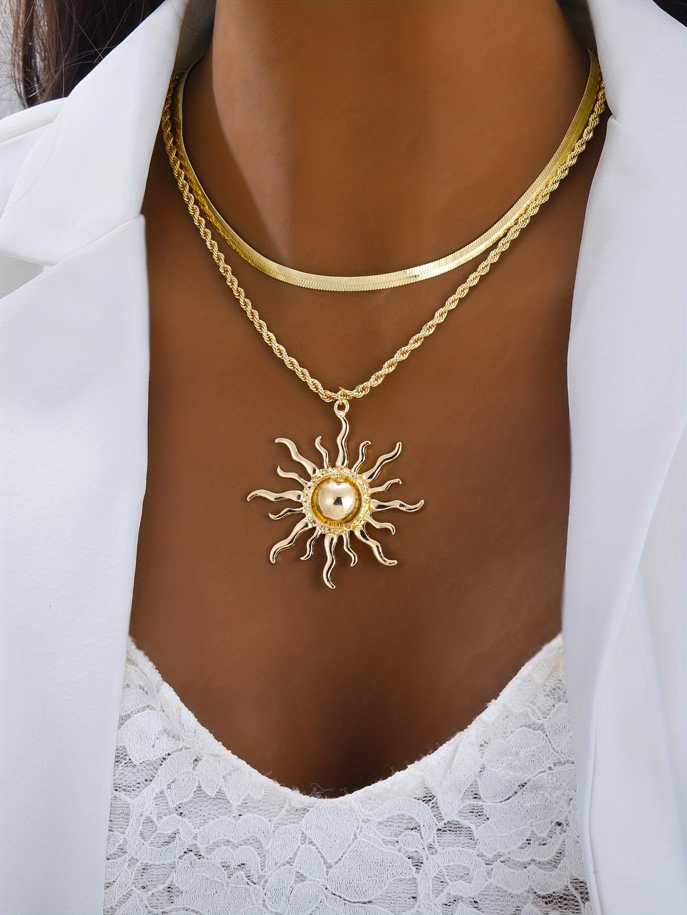 Double Layer Snake Chain Necklace with Sun Flame Pendant – Boho Gold Copper Layered Jewelry for Women, Casual Everyday Wear & Gift