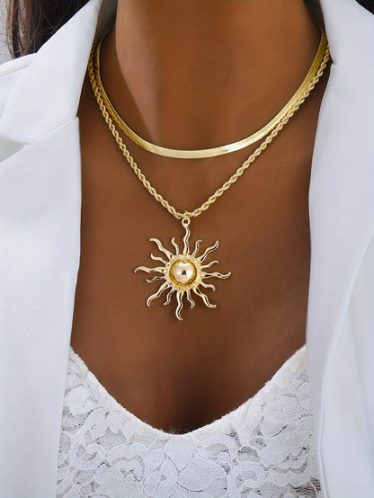 Double Layer Snake Chain Necklace with Sun Flame Pendant – Boho Gold Copper Layered Jewelry for Women, Casual Everyday Wear & Gift