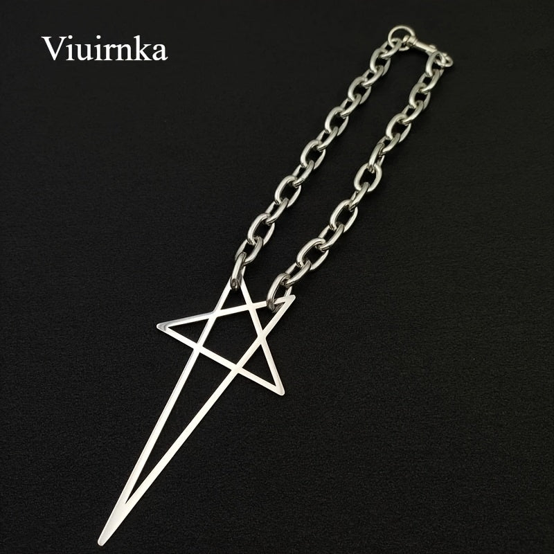 Punk Hip-Hop Rock Silvery Chunky Thick Lock Choker Chain Necklace - Unisex Five-pointed Star Design for Men and Women, Stylish & Chic, Trendy Fashion Accessories, Perfect Gift Option