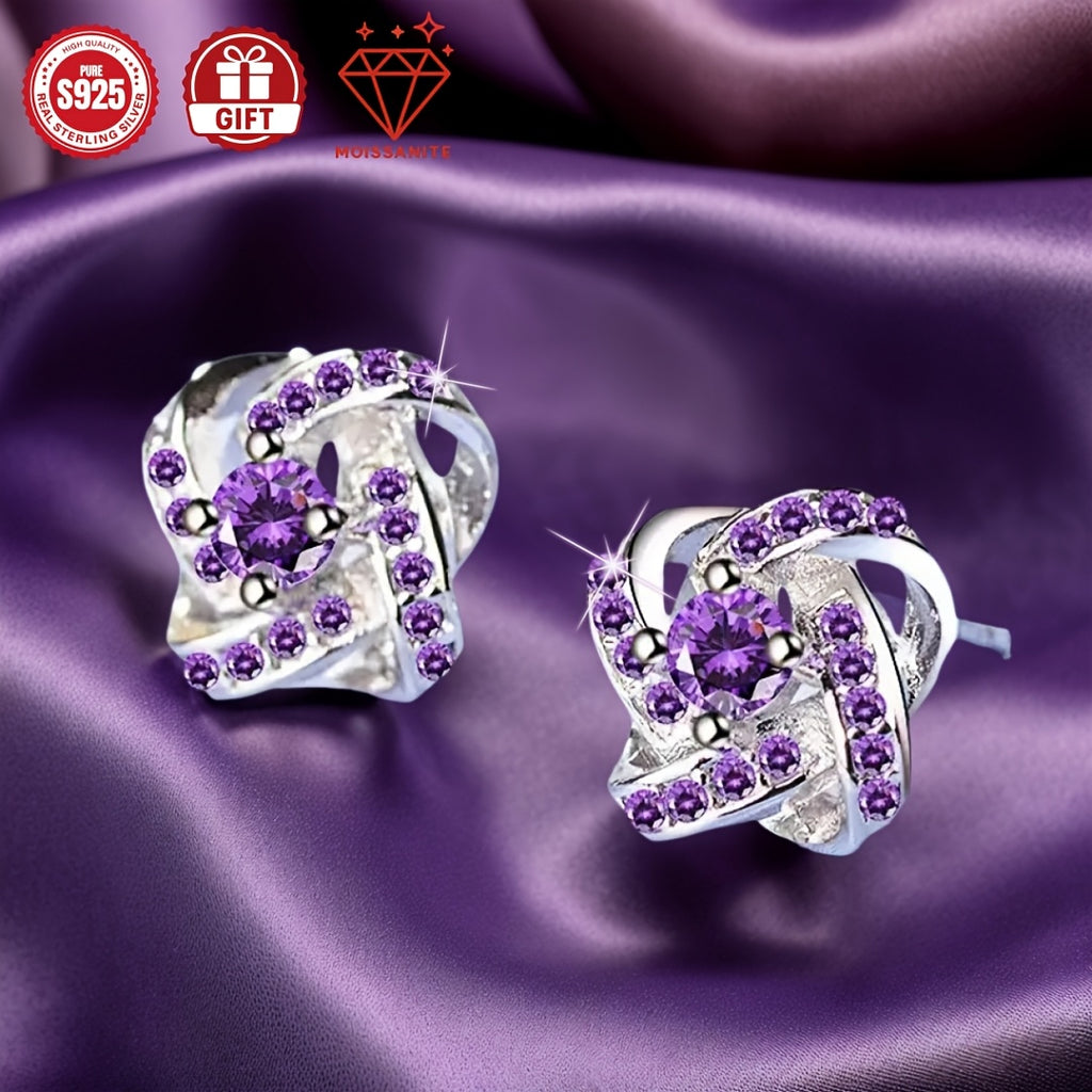 Purple Moissanite Earrings S925 Sterling Silver - Four Leaf Clover Vintage Stud Earrings, Hypoallergenic Lucky Charm Jewelry for Women, Gift Box Included for Valentine's Day Banquet