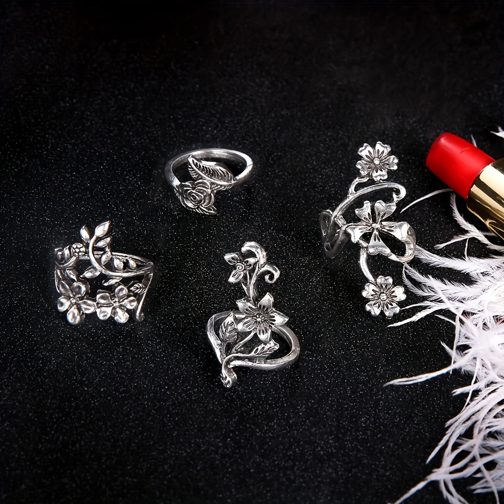 [Vintage 925 Silver Rings] 4pcs 925 Silver Vintage Stacked Floral Rings Set - Simple Elegant Design for Women - Daily & Gift Occasions