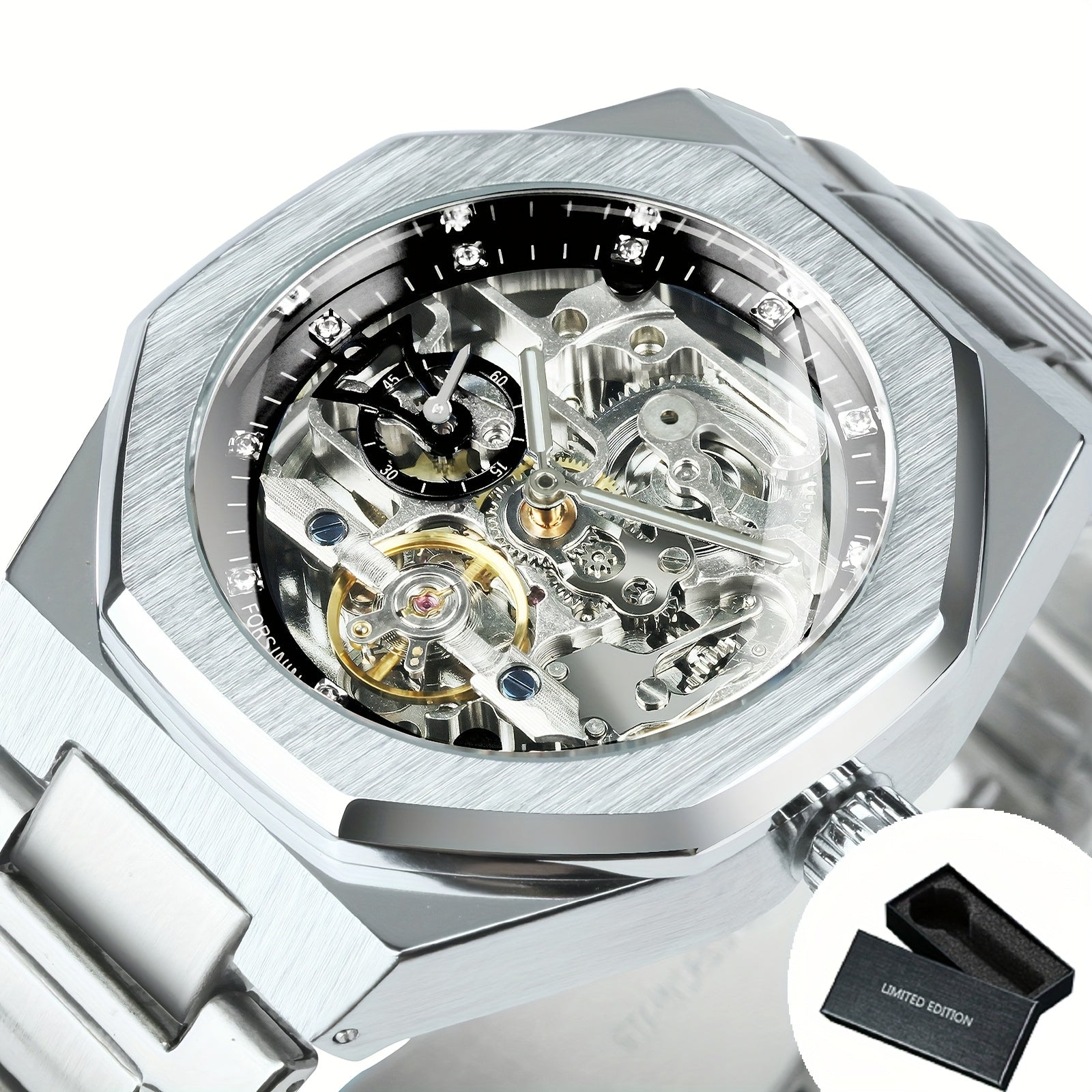 1pc FORSINING Men's Luxury Mechanical Watch - Skeleton Tourbillon, Luminous Hands, Stainless Steel Band, Irregular Case, Fashion Casual Style, Ideal for Christmas, Father's Day Gift, Luxury Business Watch | Automatic Watch | Without Battery