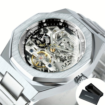 FORSINING Skeleton Tourbillon Automatic Mechanical Watch for Men – Luminous Hands, Stainless Steel Band, Irregular Case, Luxury Business Gift