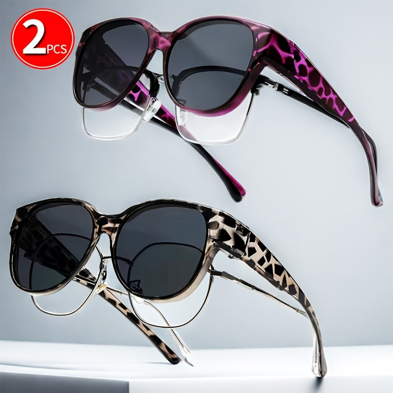 Retro Clip-On Glasses 2-Pack — Vintage Round Frames, No Tools Needed, Lightweight Leopard Pattern Eyewear for Men & Women, Party & Daily Use Gift