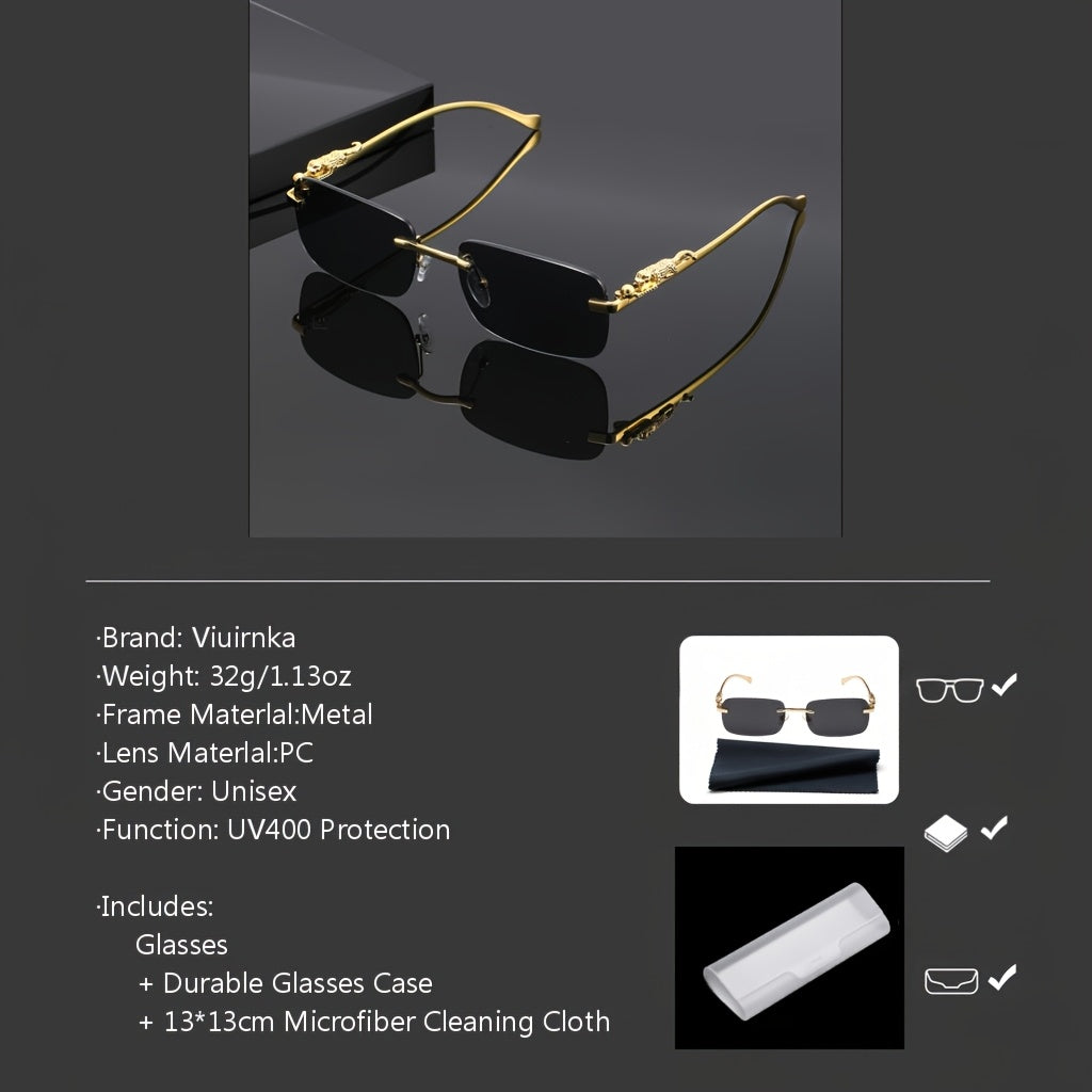 A Unique Pair of Glasses with Leopard Print Design And Frameless Square Lenses, with Glasses Case And Cleaning Cloth Suitable for Casual Gatherings And Fashionable Outfits. They Are a Perfect Photo Prop for Both Men And Women