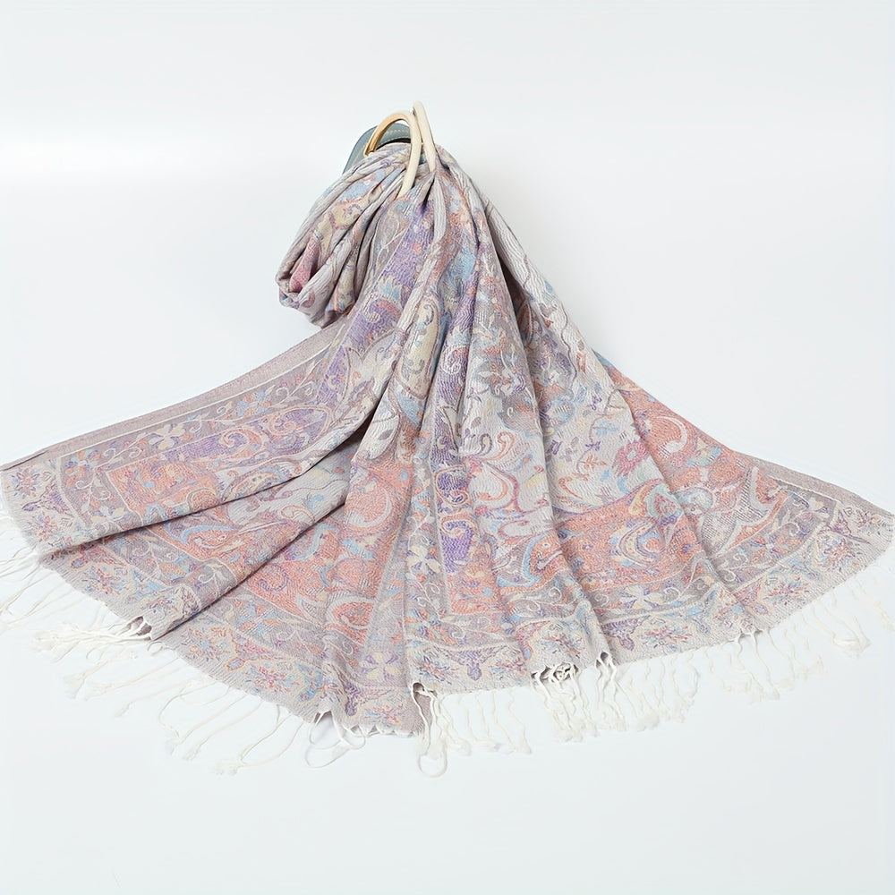 Women's Ethnic Jacquard Shawl Scarf - Long Cashew Tassel Retro Multicolor Shawls Suitable for Weddings, Parties, Daily Wear - Warm Winter Headscarves & Cultural Fashion