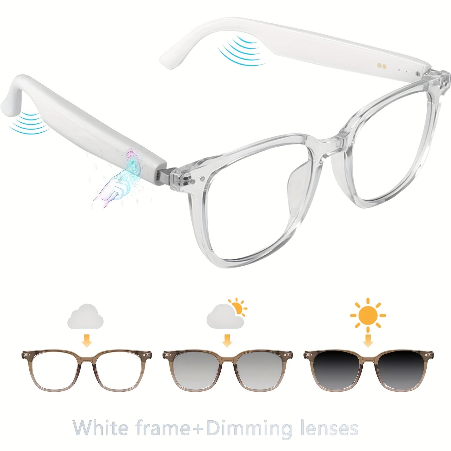 Smart Audio Glasses with Photochromic Lenses - Bluetooth Sunglasses for Music Calls Driving Sports, Anti Blue Light Auto Color Changing Unisex Eyewear in Gray Blue Black Transparent Coffee Yellow Silver