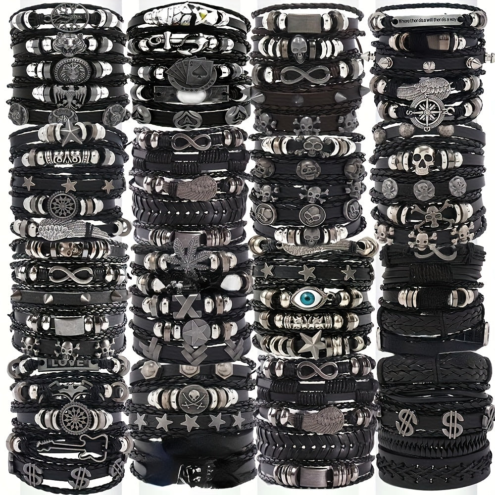Punk Hip Hop Bracelet Set 10/20/30Pcs – Stainless Steel Multi-Layer Black Bracelets with Skull Cross Star Infinity Symbols, Vintage Stackable Jewelry Gift for Teens Halloween Graduation