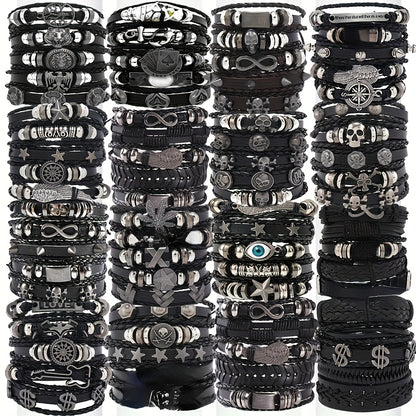 Punk Hip Hop Bracelet Set 10/20/30Pcs – Stainless Steel Multi-Layer Black Bracelets with Skull Cross Star Infinity Symbols, Vintage Stackable Jewelry Gift for Teens Halloween Graduation