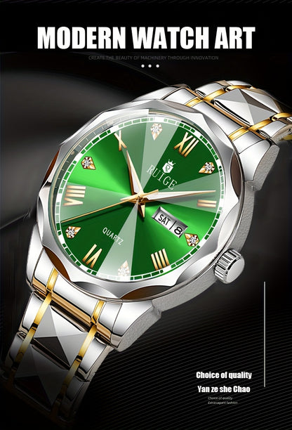 Luxury Sports Watch Men Stainless Steel Luminous Calendar Day Display – Quartz Wristwatch Fashion Casual Timepiece Gift for Men, Blue Green