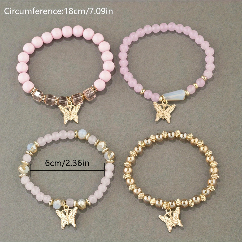 7 sets (a total of 28pcs) of multi-layer beaded stackable bracelet sets, artificial butterfly pendant jewelry sets, multi-layer beaded elastic bracelets, handmade jewelry sets -DIY beaded jewelry