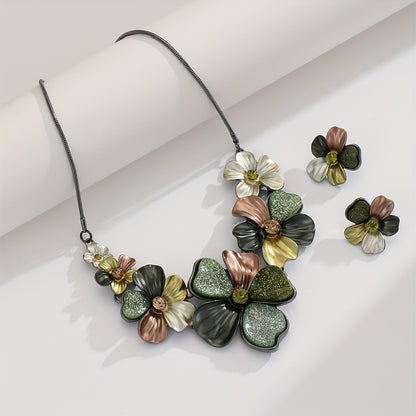 Boho Bib Necklace & Earring Set - Chunky Green Floral Leaf Vintage Statement Jewelry for Women, Bohemian Costume Jewelry for Wedding, Party & Prom, Unique Gift Set