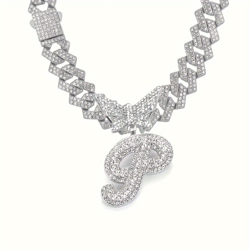 Cuban Link Chain Necklace - Initial Letter for Men Women - with Butterfly Alphabet Pendant A-Z, Gold & - product detail view