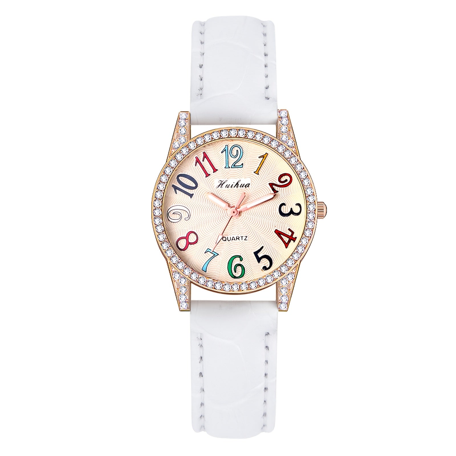 Women Colorful Arabic Numerals Rhinestone Dial PU Leather Band Watch Quartz Wristwatch Teens Christmas Gift