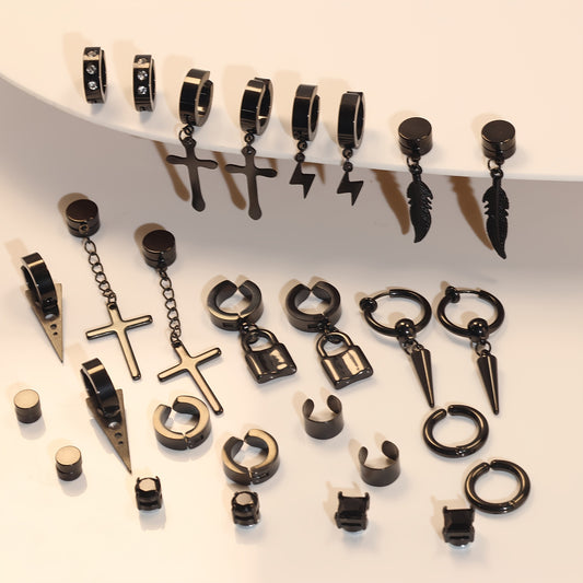1 Set Of 28pcs Punk Style Black Earrings, Stainless Steel Magnetic Men's And Women's Clip Earrings, Non Perforated Earrings, Unisex Version