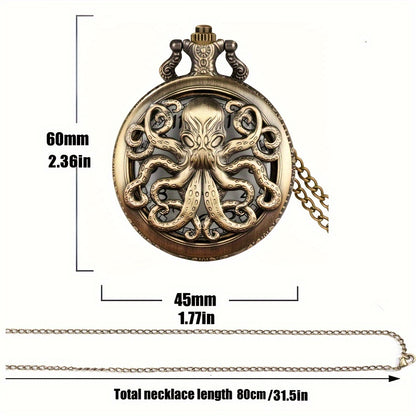 Vintage Octopus Pocket Watch Necklace Pendant Copper Quartz World Time Retro Steampunk Jewelry Gift for Men Women Collectors