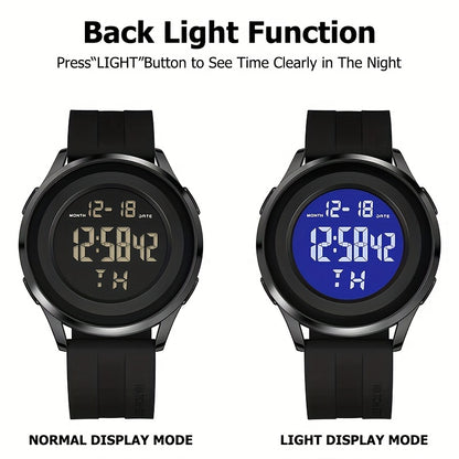 Men's Digital Watch Silicone Band with Stopwatch & Date Display — Black, Grey, Blue