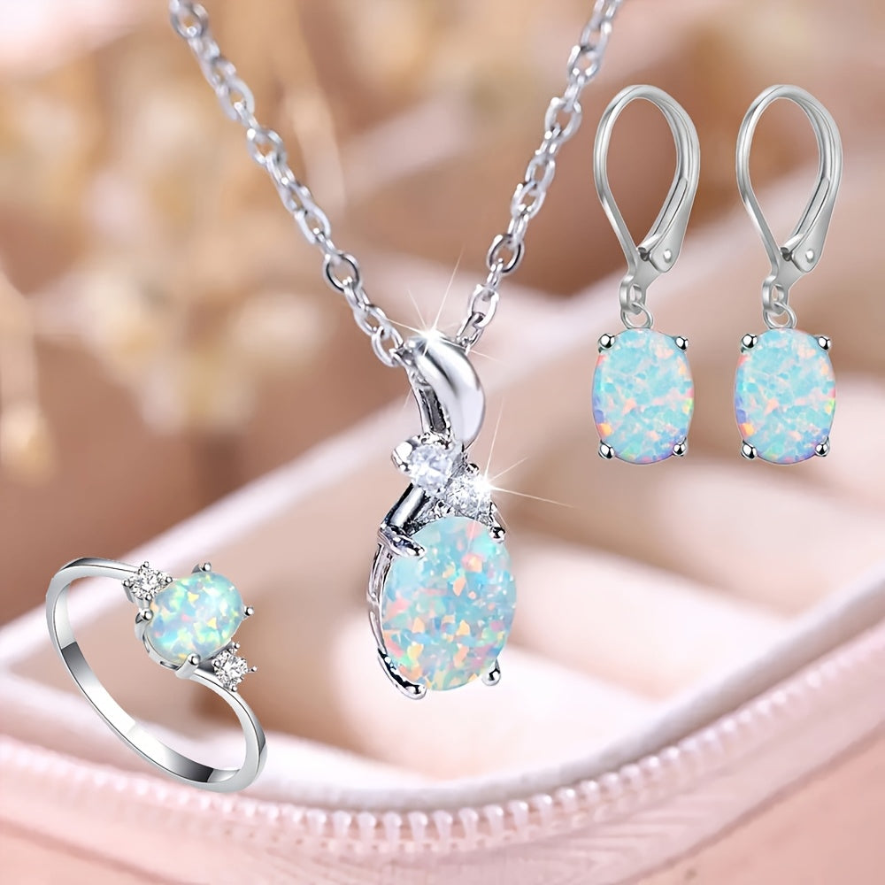 [Party Jewelry Set] 4pcs Set 925 Silver Easy Fashion Elegant Water Drop Opal Pendant Necklace Earrings And Ring Women's Additions Party Jewelry Set