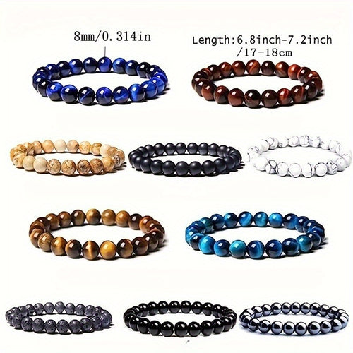 10pcs Set 8mm Bracelet Round Beaded Bracelet Men And Women Stone Stone Natural Stone Stretch Beaded Bracelet Unisex, Suitable for Men And Women Holiday Gift Simple Gift