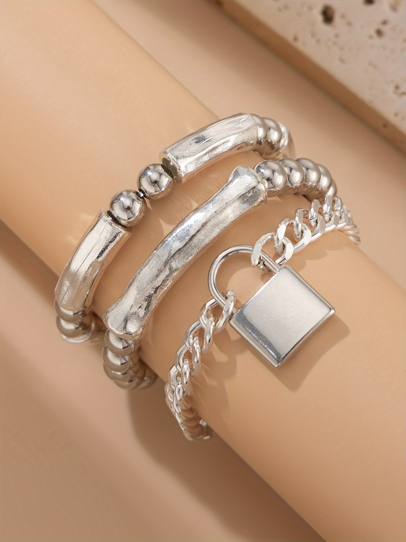 3pcs 925 Silver Exquisite Silvery Beaded Punk Bracelet Set with Lock Pendant