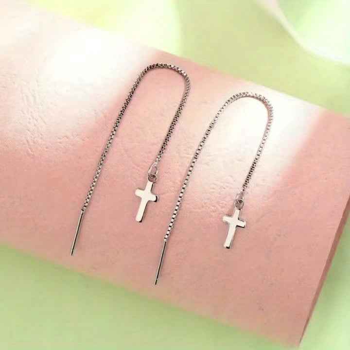Low Allergy S925 Silver Women's Cross Tassel Earrings Suitable for Teacher's Day, Back-to-School Season, Daily Music Festival Parties And Various Occasions with Gift Bag
