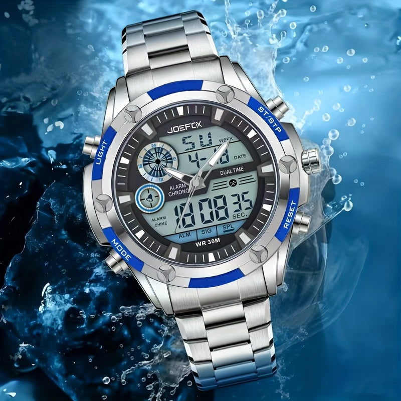 JOEFOX Men's Digital Sport Watch Large Display LED Backlight Stainless Steel Band 3ATM Waterproof Chronograph Alarm Wristwatch Black Blue