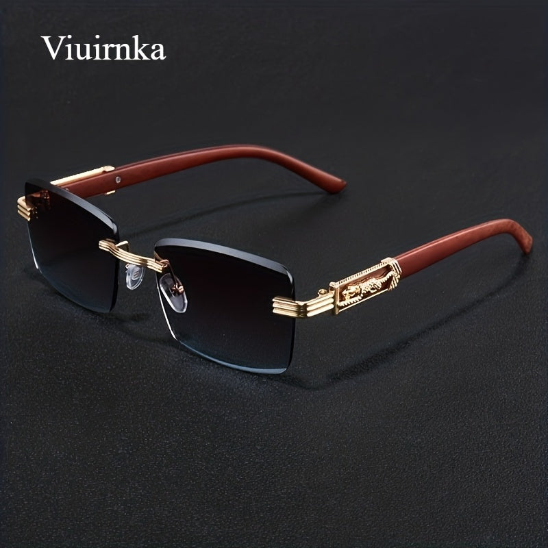 Rimless Rectangle Glasses for Women Men, Vintage Leopard Temple Design, Unisex Retro Eyewear with UV Protection, Sleek Silver & Gold Frames for Outdoor Travel Driving Party — 7 Lens Colors