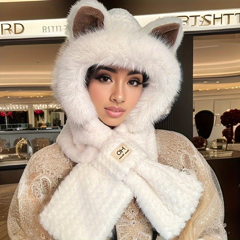 2026 Autumn And Winter New 2pcs Set WhiteAndKhaki Combination Unisex Upgraded Thickened Cute Hooded Scarf Hat Solid Color Winter Plush Cartoon Ear Warm Hat Warm And Windproof Ideal for Multiple Occasions And Holiday Gifts
