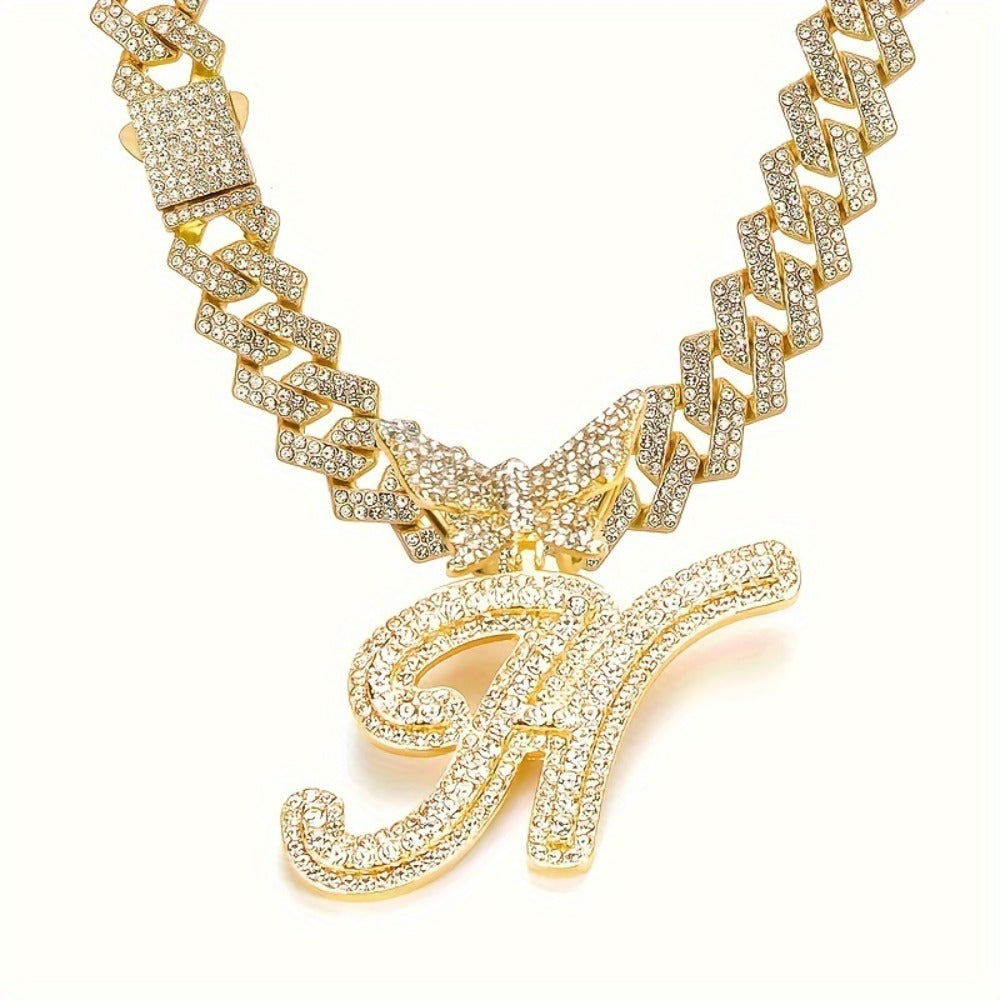 Cuban Link Chain Necklace - Initial Letter for Men Women - with Butterfly Alphabet Pendant A-Z, Gold & - product detail view