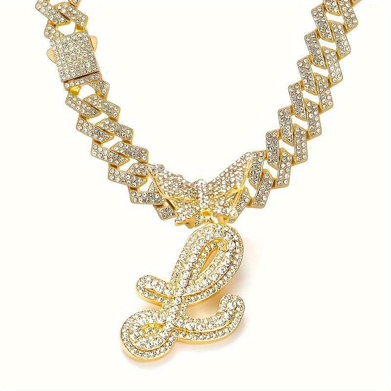 Cuban Link Chain Necklace - Initial Letter for Men Women - with Butterfly Alphabet Pendant A-Z, Gold & - product detail view