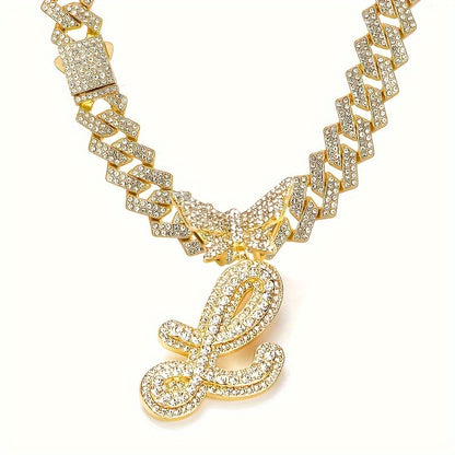 Cuban Link Chain Necklace - Initial Letter for Men Women - with Butterfly Alphabet Pendant A-Z, Gold & - product detail view