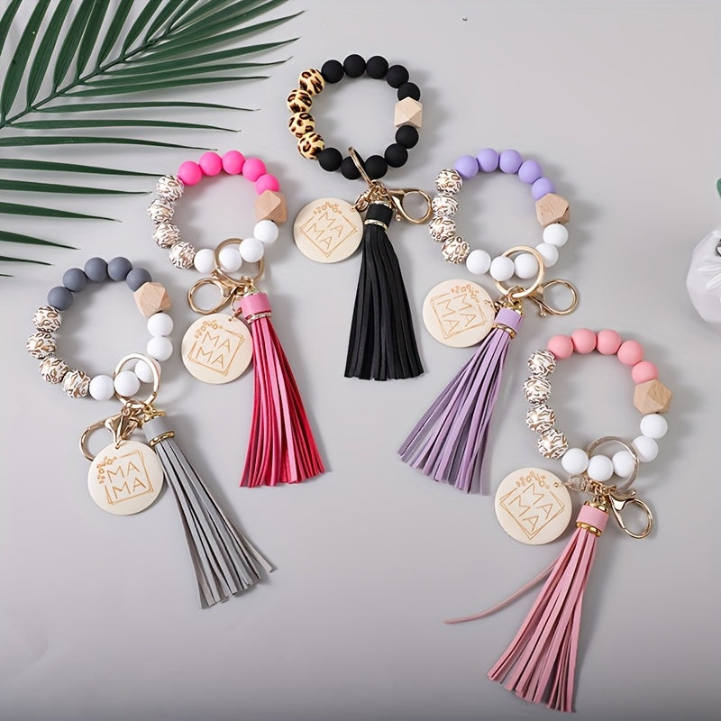 MAMA Keychain Set 5 Pcs - Leopard Print Wooden Bead Wrist Keyring with PU Tassel & Round Wood Pendant, Boho Mom Keychain Bag Charm, Mother's Day Gift for Mom Women