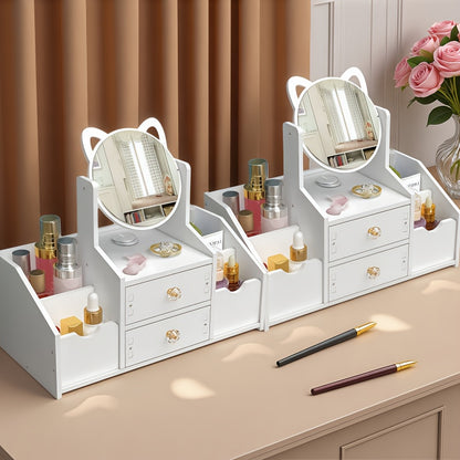 Jewelry Box with Cat Ear Mirror Large Dressing Table Organizer for Bedroom Home Storage Cute Aesthetic Jewelry Organizer Birthday Christmas Gift for Her