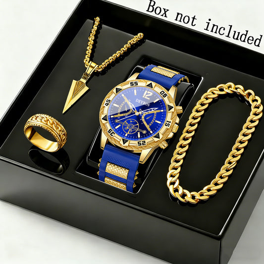 Men's 4-Piece Quartz Watch & Jewelry Set — Watch, Necklace, Ring & Bracelet | Golden Black & Blue