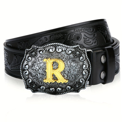 Western Belt for Men - Embossed Floral Cowboy Belt, Longhorn Bull Pattern Big Buckle, Faux Leather, Sizes 34-44, 23 Colors, Stylish & Durable