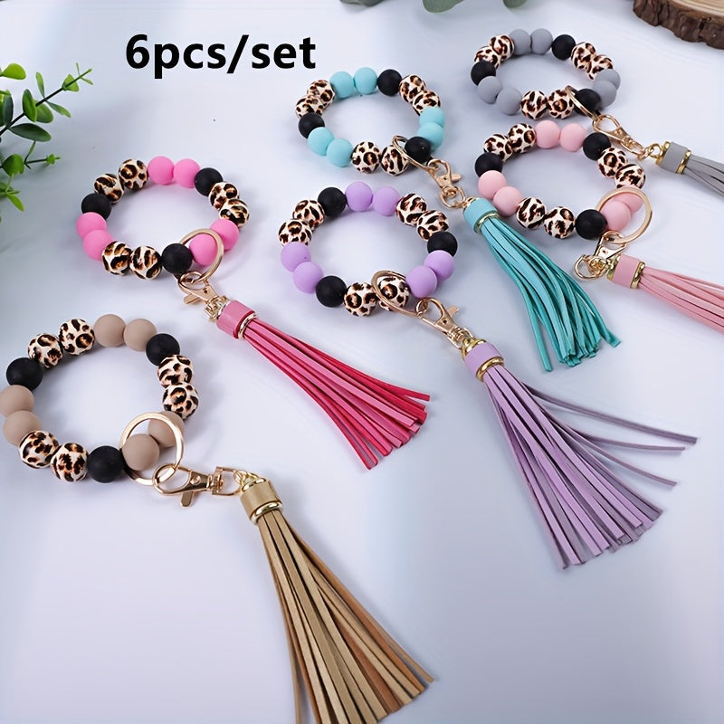 6pcs/set Leopard Print Wooden Bead String Wrist Key Ring Tassel Silicone Bead String Keychain Gift for Mom, Gift for Friends, Perfect Holiday Gift