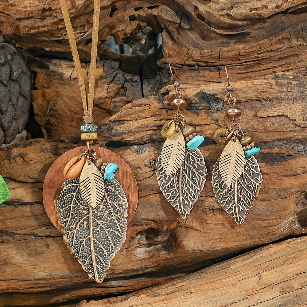 Boho Leaf Pendant Necklace & Earrings Set 3pcs for Women - Vintage Style Bohemian Jewelry Set, Versatile All-Season Accessories for Daily Wear, Vacation & Gifting