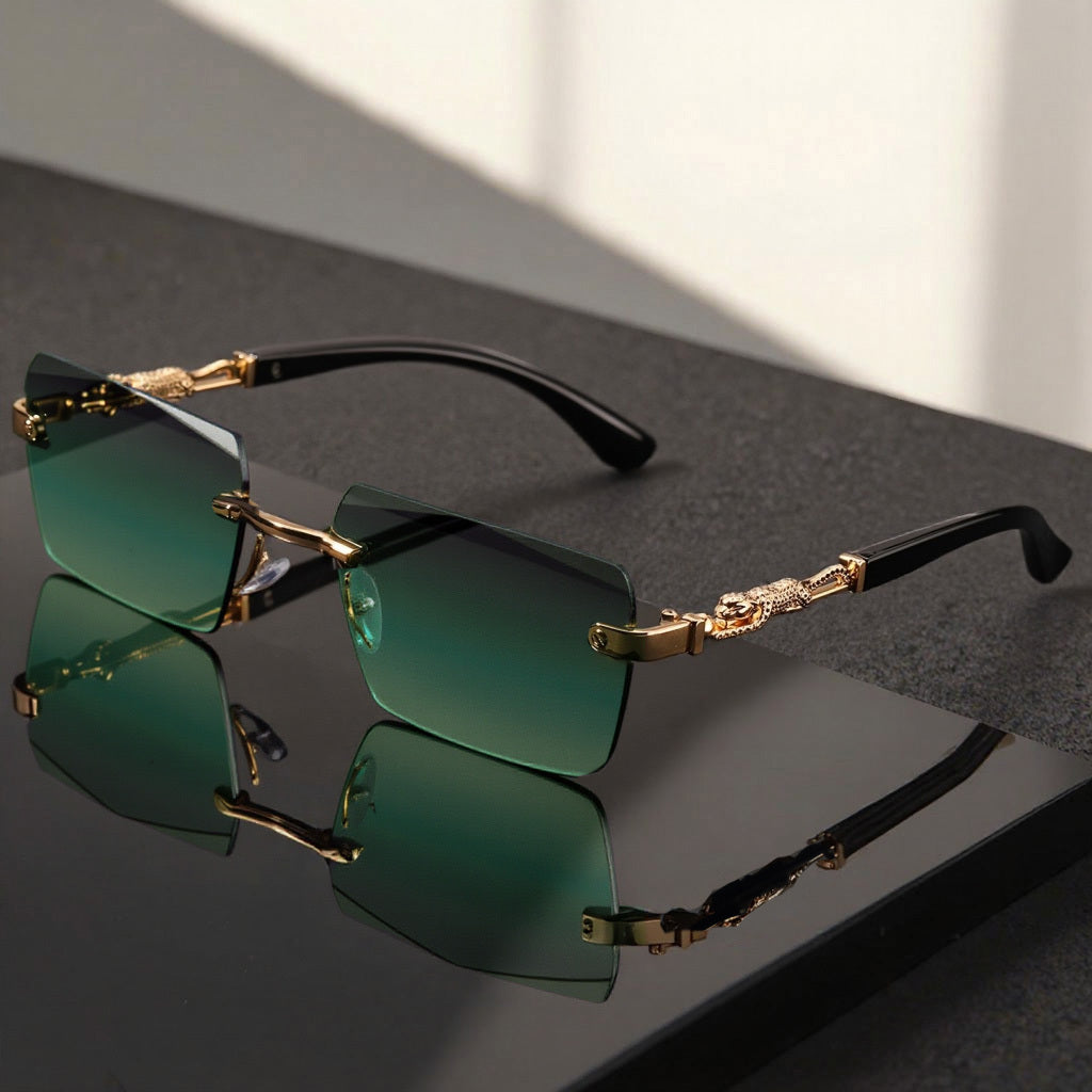 Luxury Frameless Sunglasses Gold Frame Leopard Arms UV400 – Narrow Rectangular Lens Rimless Eyewear for Men Women, Driving Travel Party, 5 Lens Options, Includes Case & Cloth