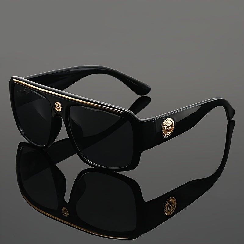 Men's Cyberpunk Square Fashion Eyewear - Extra Large Frame (>139mm), Lightweight Eyewear with Black and Golden Metal Trim, Over-the-Counter Decorative Lenses for Daily and Special Occasions - Futuristic Eyewear Street Fashion, Cosplay