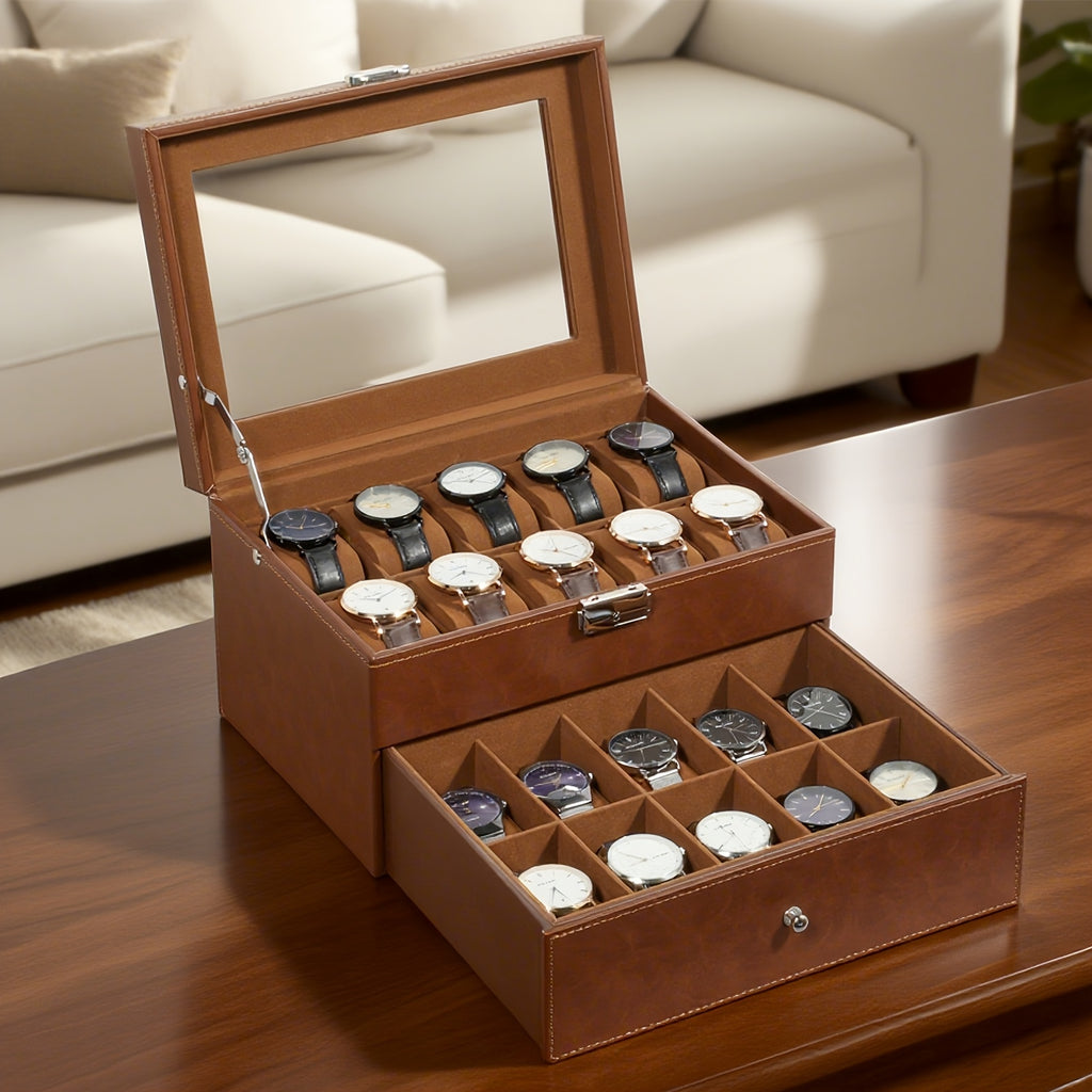 20-grid Double-layer Watch Box, Brown, Black, Gray Pillows, Solid Glass Cover, Suitable for Collection And Display, Protect Your Watches.