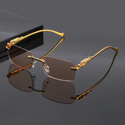 Leopard Print Sunglasses Frameless Square Gold Frame - Fashion Eyewear Unisex Men Women with Case Cleaning Cloth 3 Lens Colors