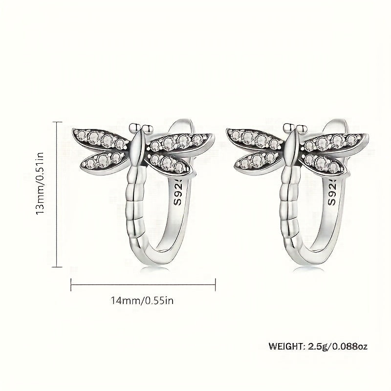Dragonfly Hoop Earrings S925 Sterling Silver - Zirconia Inlaid Cute Nature Inspired Earrings, Hypoallergenic Silver Hoops for Women, Daily Wear & Special Occasions Gift