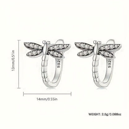 Dragonfly Hoop Earrings S925 Sterling Silver - Zirconia Inlaid Cute Nature Inspired Earrings, Hypoallergenic Silver Hoops for Women, Daily Wear & Special Occasions Gift