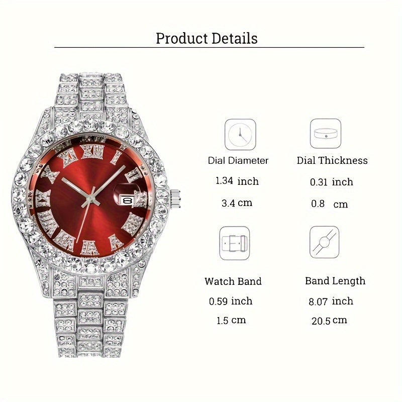 4pcs/set Men's & Women's Rhinestone Wrist Watch & Cross Pendant Jewelry Set with Analog Quartz Watch, Calendar, Quartz Movement, Suitable for, Wedding, Daily Wear - Luxury Accessory Gift for Him/Her