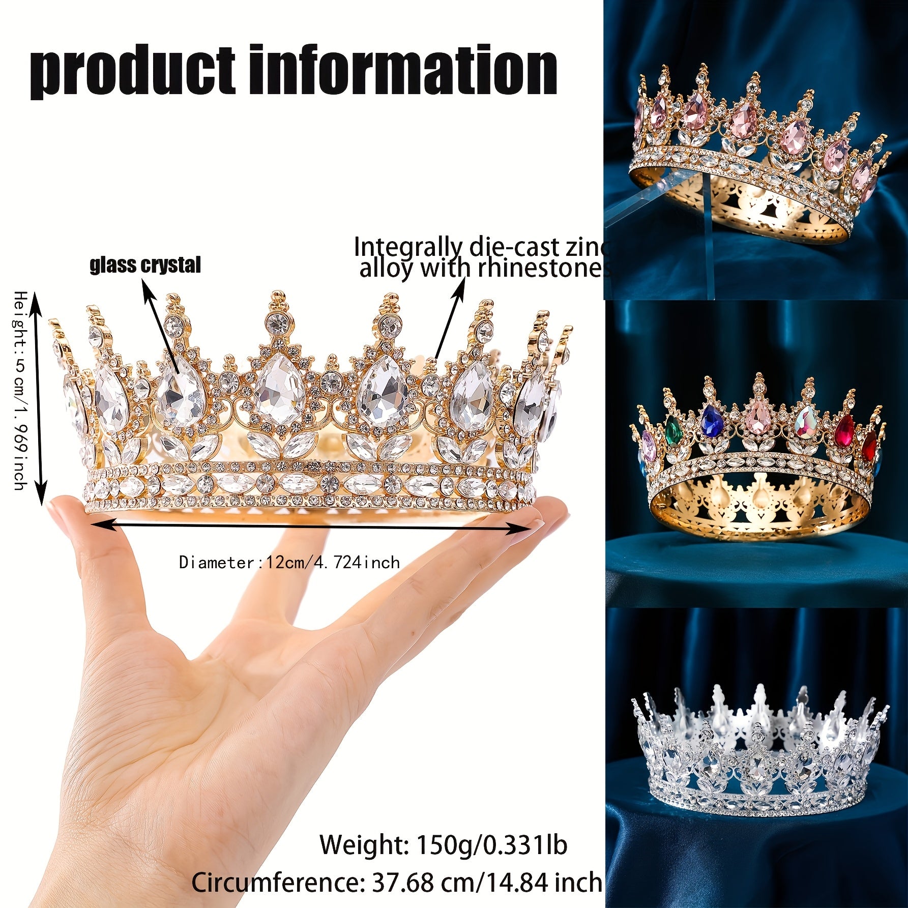 2pcs Multicolor High-Grade Luxury Rhinestone Round Crown Hair Additions, with Clips, Princess Royal Style, Fashion Matching, Banquet Party Additions, Girlfriend Birthday Gift, Bride Wedding Crown Additions, Christmas, Valentine'S Day