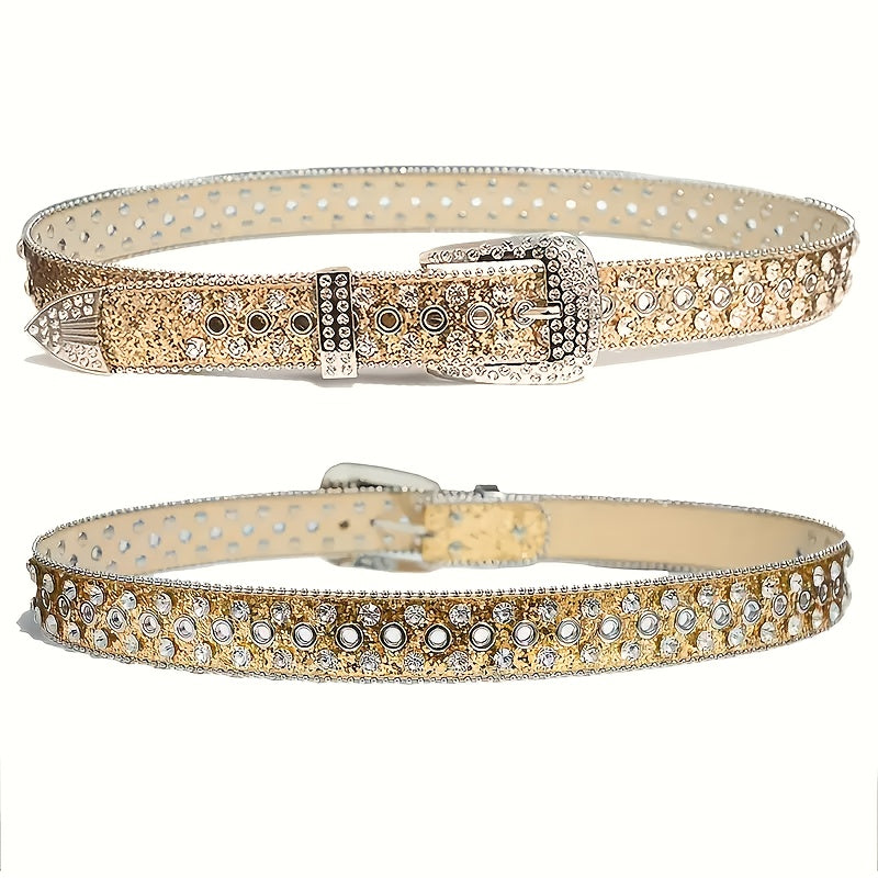 Women's & Men's Punk Rock Rhinestone Belt with Heavy Metal Rivets - PU Sparkling Sequin Waist Chain Accessory Suitable for Parties, Concerts, Daily Wear - Y2K Style Bold Statement Belt (Unisex)