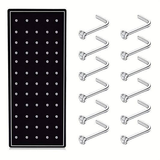 Nose Rings Set 60Pcs Stainless Steel L-Shaped Nose Studs Bone Screw Piercing Jewelry with Rhinestone for Women 20G Body Piercing